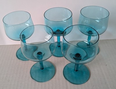 Vtg MCM Aqua Blue Wine Glasses Set of 5 small Mid-Century Modern stemmed 4 ounce