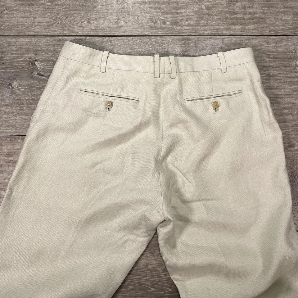 Pantalones Ralph Lauren Para Hombre Beige Lino Espiga Calce Ajustado Pantalones Foto 4 de 4