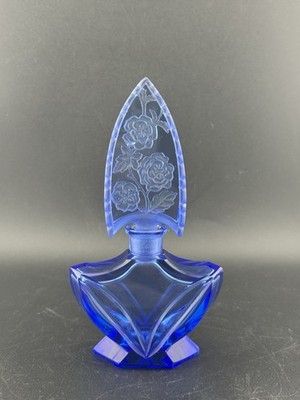 Antique 1920 s Czech Art Deco Blue Cut Glass Perfume Bottle Rare *GLOWS*