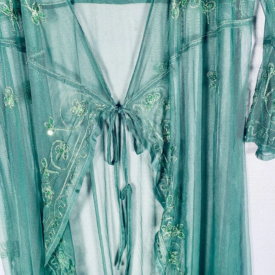 Kimono feminino feito à mão M verde renda lantejoulas gravata espanador frontal - Imagem 4 de 4