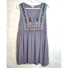 Umgee Boho Embroidered Tassels V Neck Sleeveless Tunic mini Dress Size M