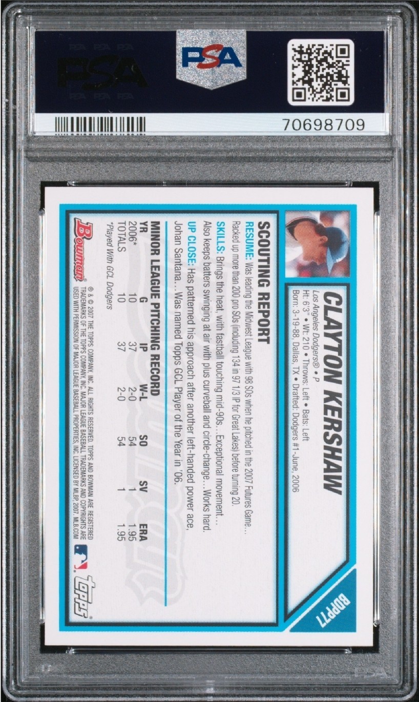 2007 Bowman Draft Picks & Prospects  Draft Picks Clayton Kershaw (RC) PSA 10 Gem view 2