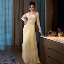 3D Flower Applique Sheer Lace Long Sleeve Evening Dress Yellow Party Prom Dress
