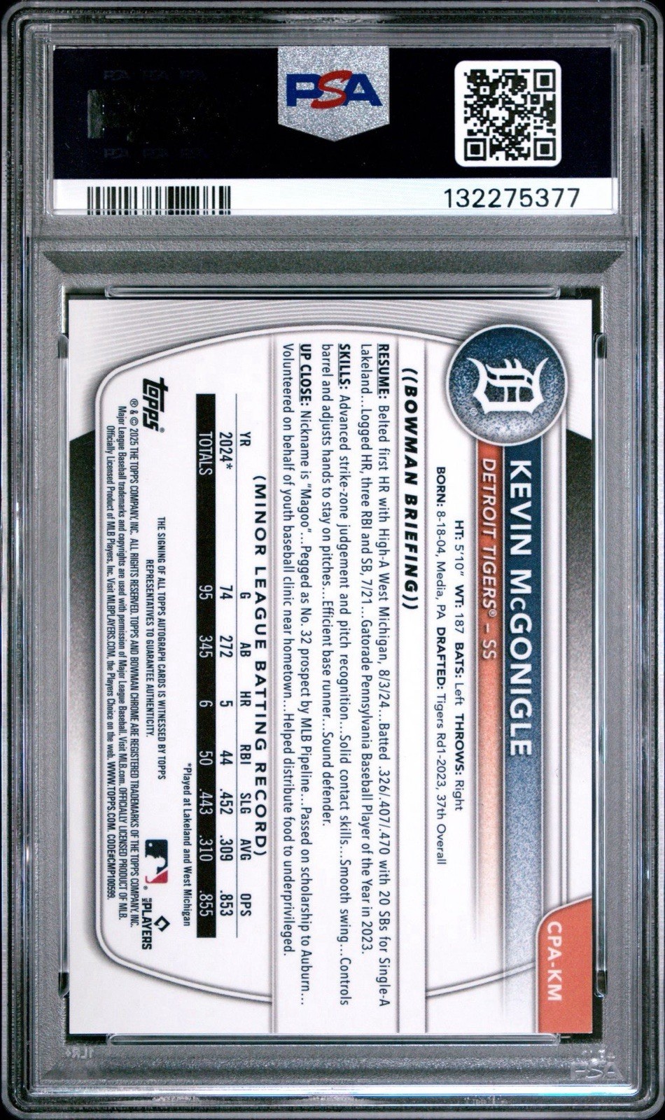 2025 Bowman Chrome Kevin McGonigle Speckle Auto /299 PSA 9 Tigers view 2