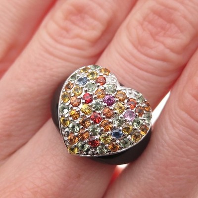 SKJ Sheridan Kennedy 925 Sterling echter Multi-Saphir Onyx Herz Ring Größe 6,25