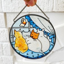 Vintage Cat Stained Glass Sun Catcher Hanging Panel hand painted cat friends