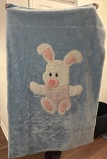 Vintage Heavy Plush Baby Blanket Blue Bunny Pink Heart Nose 80s 90s Thick VHTF
