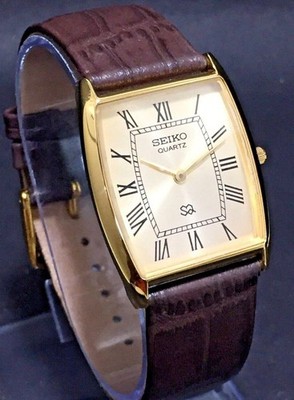 Vintage Seiko Slim Barrel Quartz Men's Golden Face Dress Watch-Free DDP Shipping