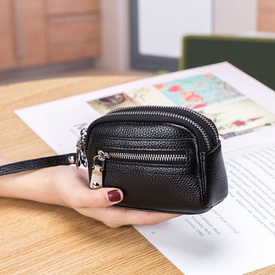 Women Genuine Leather Small Coin Holder Change Purse Dual Zipper Key Card Wallet