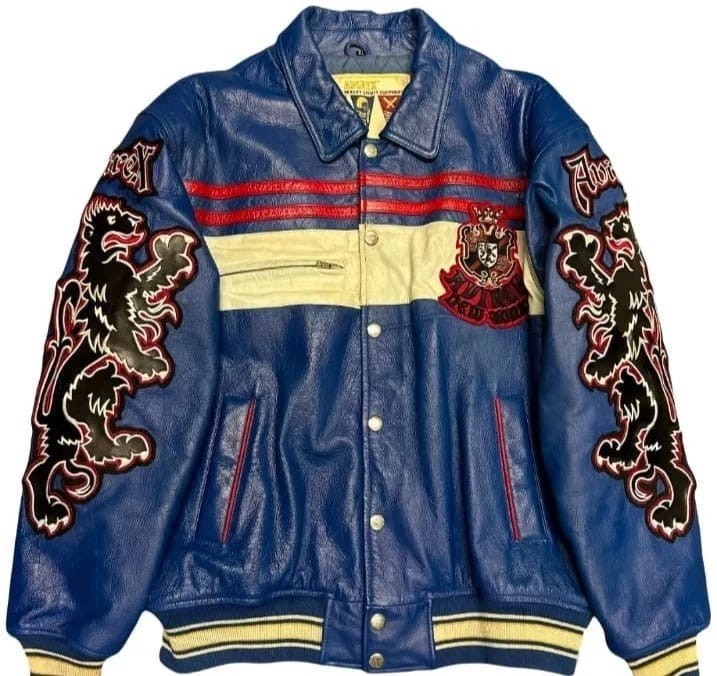 Avirex Leather Jacket Vintage Blue Lion Spell Out Varsity Bomber New York Men's
