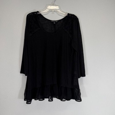 Living Doll LA Babydoll 3/4 Sleeve Lace Ruffle Trim Semi Sheer Black Tunic Sz 1X