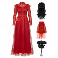 Women's Red Gothic Bride Halloween Costume Lace Gown, Veil, Wig  Bouquet XS-3XL