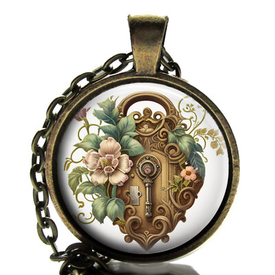 Vintage Lock Art Nouveau Pendant Necklace Glass Top Handcrafted Photo Jewelry