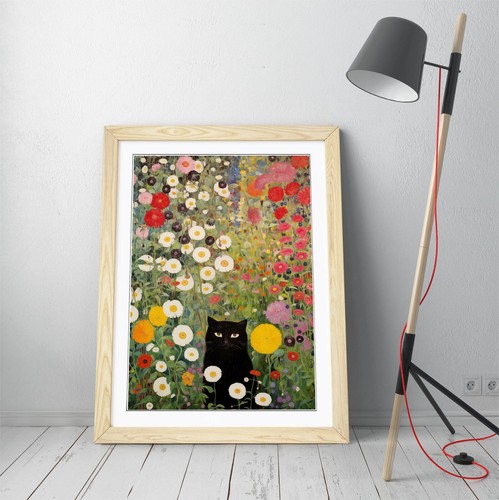 GUSTAV KLIMT FLUFFY BLACK CAT AMONG FLOWERS -FRAMED WALL ART POSTER PAPER PRINT - Picture 6 of 10