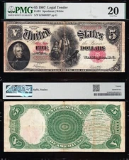 NICE Bold VF Graded 1907 $5 "WOODCHOPPER" US Legal Tender Note! PMG 20! 60307