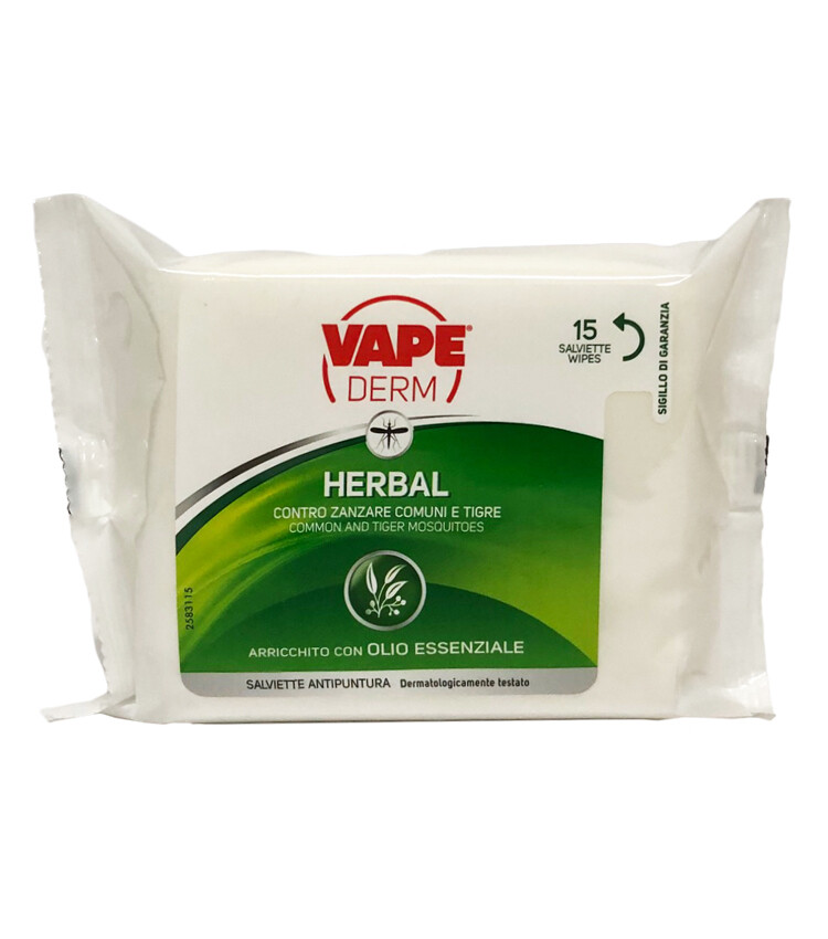 Salviettine VAPE DERM HERBAL ANTIPUNTUR. zanzare comuni/tigre olio essen. -  pz90