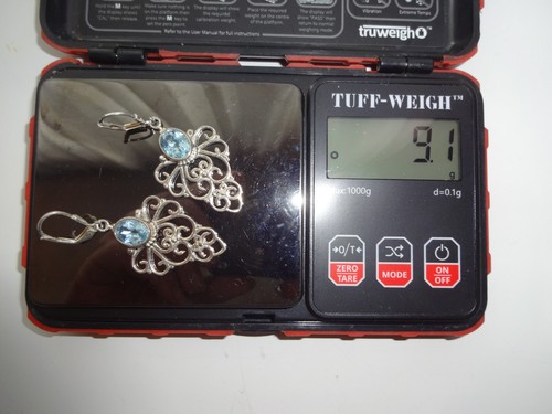 Pendientes colgantes de plata de ley 925 con flor floral de topacio azul D.S de diseñador de colección - Imagen 6 de 14