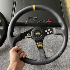 Omp Sport Mitsubishi Rallart 340mm14inch Car Steering Wheel Leather Yellow