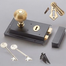 CLASSIC OLD ENGLISH RIM DOOR LOCK AND KNOB HANDLE SET- AGED BRASS BEEHIVE