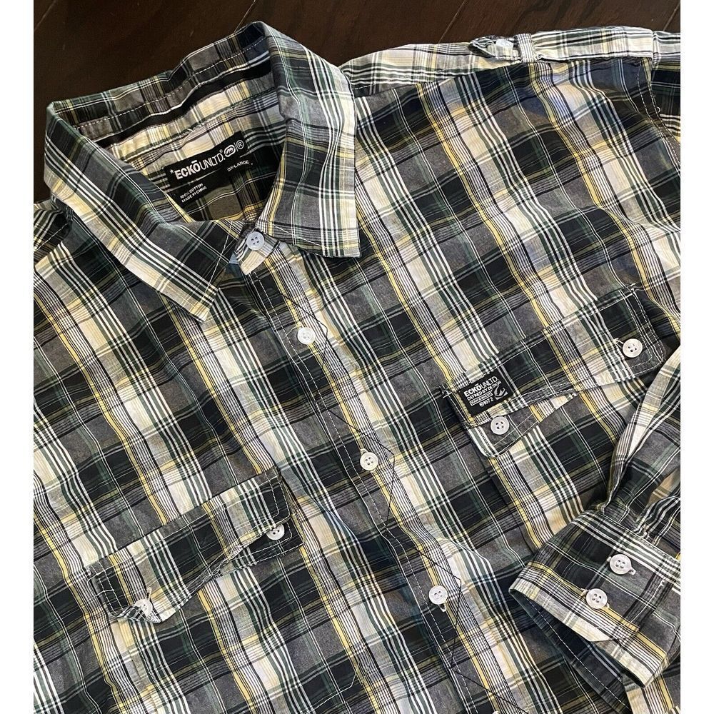 Ecko Unltd Shirt Men's sz 3XL Green Yellow Black Plaid Long Sleeve