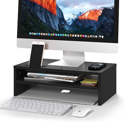 2-Tier Wood Monitor Stand Riser w/ Storage Organizer, 16.5'' Ergonomic Desk Shelf