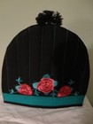 BLACK ROSE FLOWER EMBROIDERED TEA COZY TEAPOT COVER INSULATED 10 3/4" W X 9.5"H