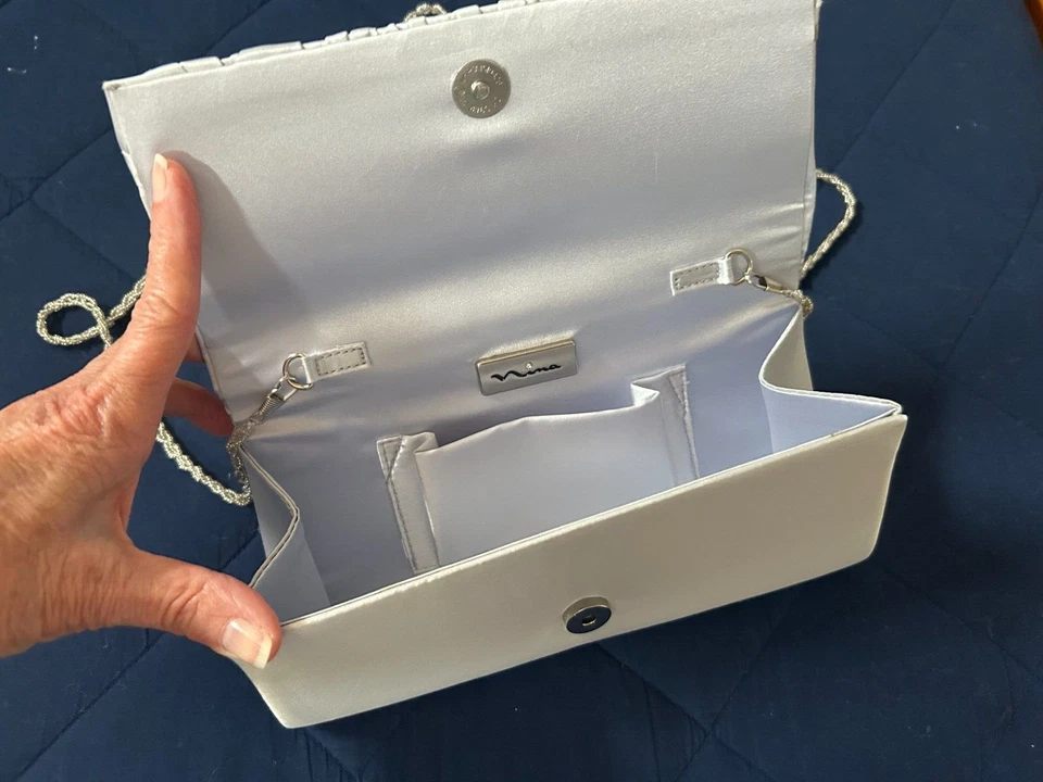 Silver Classic Pleated Satin Evening Bags Rhinestone Clutch Purse w Beaded Chain - Image 3 of 4