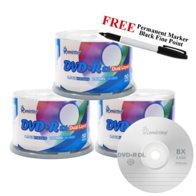 150 Smartbuy 8X DVD+R DL Double Layer 8.5GB Logo Disc + Black Permanent Marker