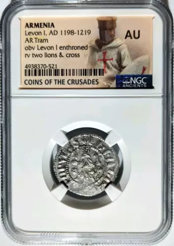 Levon I Armenia NGC AU Silver Tram Medieval Knights Templar Crusader Cross Lion