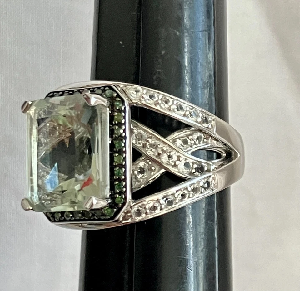 ANILLO DE PLATA ESTERLINA TOPACIO DIAMANTE VERDE PRASIOLITA 5,58 QUILATES VICTORIA WIECK 7 MG Foto 2 de 4