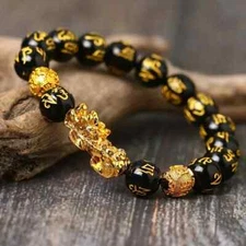 Attract Wealth Lucky Feng Shui Pixiu Bracelet Obsidian Beads Women Men Unisex