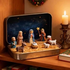 Mini Christmas Nativity Set in Tin Box, Portable Pocket Nativity Scene Decor