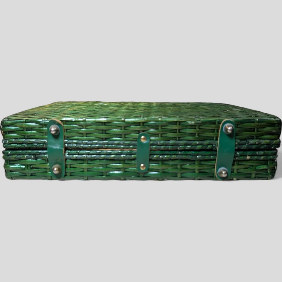 Vintage Green Wicker Rattan Satchel Briefcase Purse Bamboo Handle  14"X10" MCM - Image 4 of 4