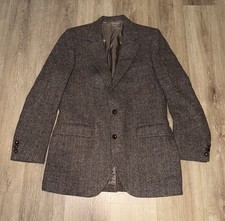 VTG Harris Tweed Brown Chevron Scottish Wool 2 Button Suit Jacket Sz 40 Long