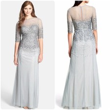 Adrianna Papell Beaded Illusion Gown Three Quarter Sleeve In Gray Sz 2 XS