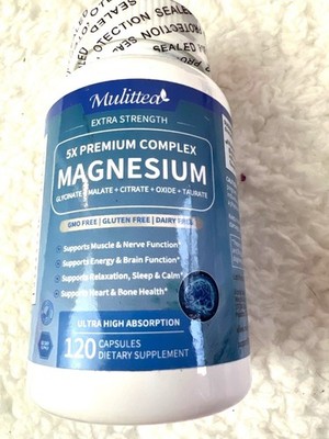 Mulittea Magnesium New Sealed Bottle 120 Capsules GMO Free Extra Strength