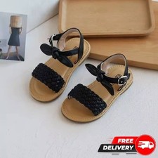 Girls Black Bow Braided Sandals Soft Sole Boho Kids Open Toe Flats
