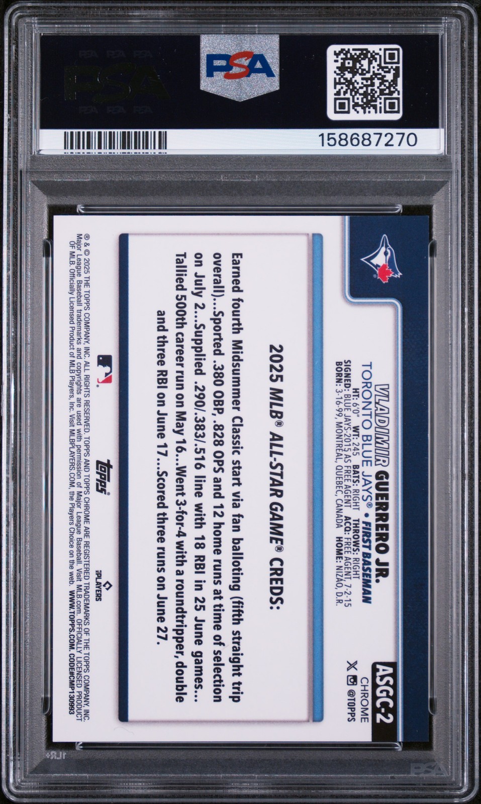 2025 TOPPS CHROME UPD '25 ALL STAR VAR GOLD REF VLADIMIR GUERRERO JR 12/50 PSA 9 view 2