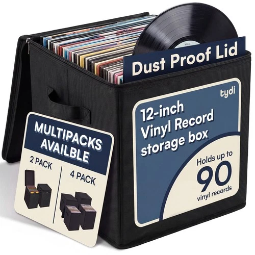 Vinyl Record Storage Box 12 Inch LP Crate Collapsible Dust Proof Zip Lid Handles