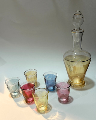 FIDENZA Vetraria Italian 60s / 1970 s Multicolor Decanter  6 Cup Bar Set VINTAGE
