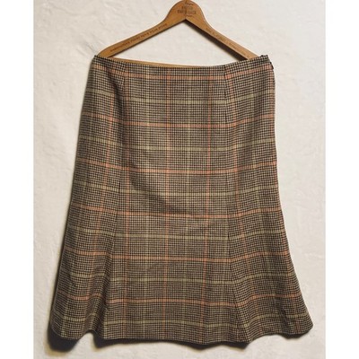 Talbots Skirt Womens 14 Brown Houndstooth Plaid 100% Wool A-Line Vintage Japan