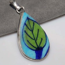 925 Silver Plated Blue Pottery Pendant 2" Daily Wear Jewelry Most Beautiful GW