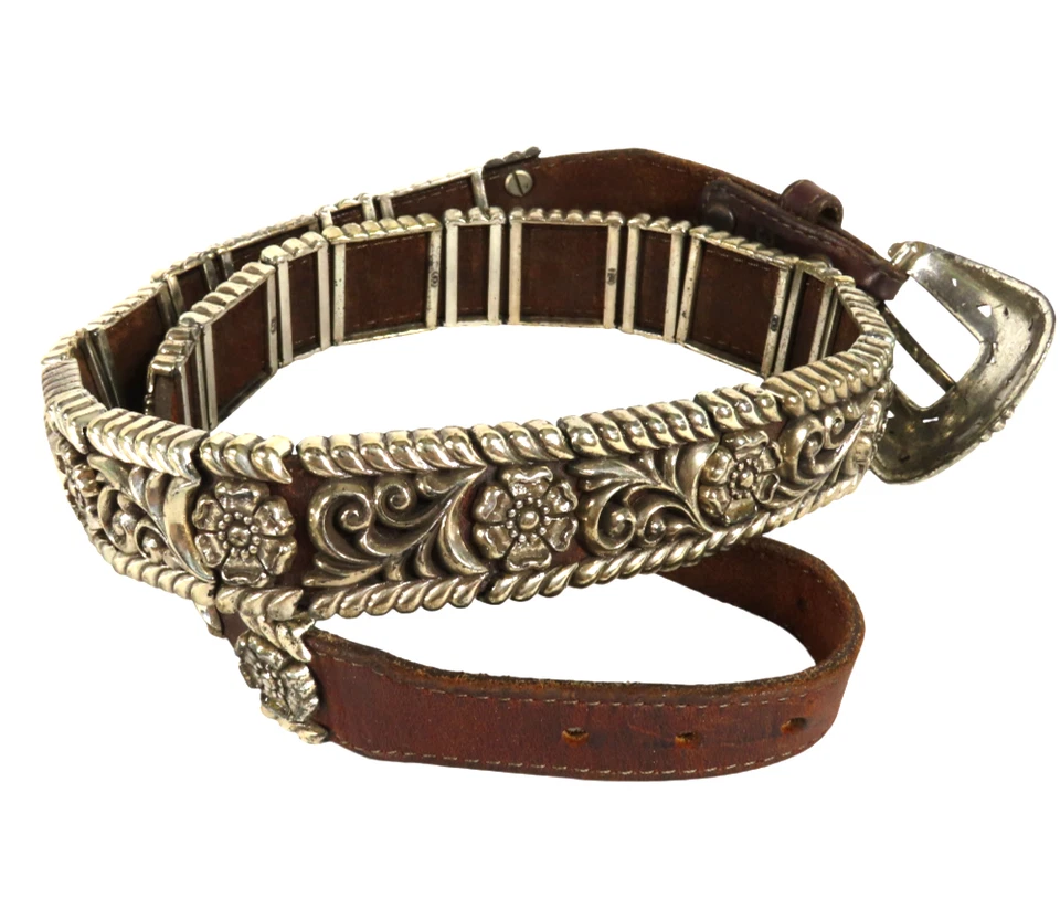 Cinturón De Cuero Marrón Brighton PLATA FLOR Y CUERDA CONCHO DESLIZANTE Pesado M/32 De Colección Foto 2 de 4