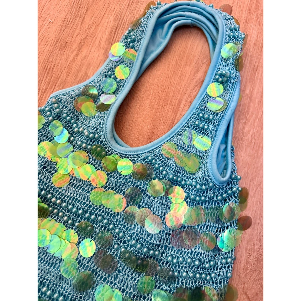 Bolso de Hombro Y2K Azul Lentejuelas Cuentas Crochet Brillante Festival Hobo Bolso Foto 4 de 4