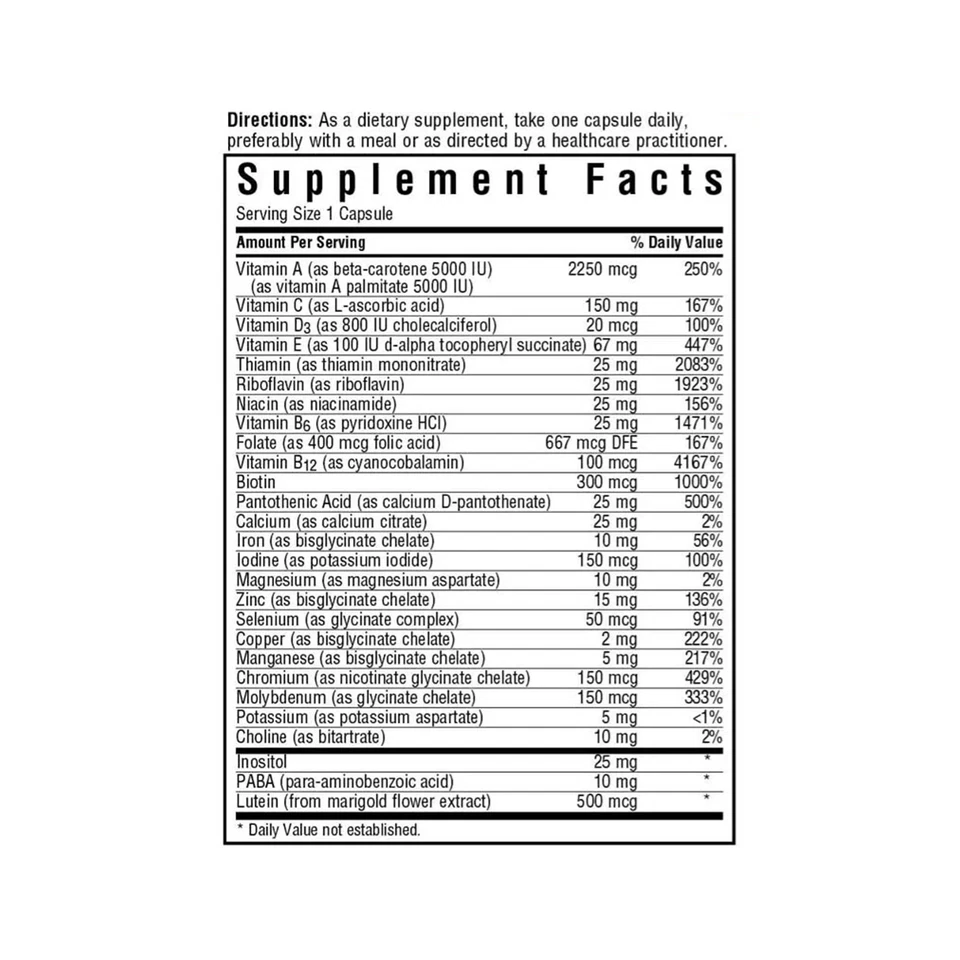 Bluebonnet Multi One (con hierro) 30 cápsulas vegetales, apoyo nutricional diario Foto 3 de 4