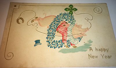 Rare Antique Happy New Year C.1908 Lucky Happy Pig Lithograph Horseshoe Postcard