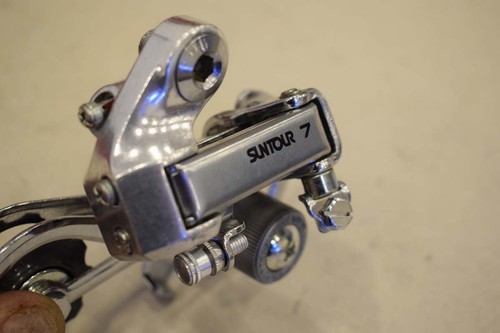 Desviador trasero vintage Suntour 7 5-7 sp acero fricción jaula larga plata nuevo nuevo de lote antiguo - Imagen 2 de 8