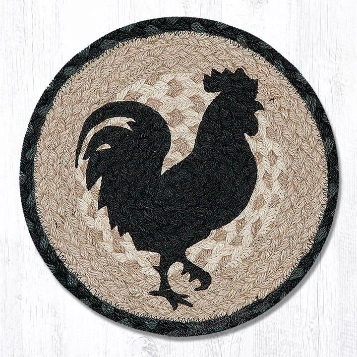 CAPITOL EARTH RUGS Rooster Chicken 10" Round Placemat Trivet Earth Rugs, Braided Jute, Farmhouse