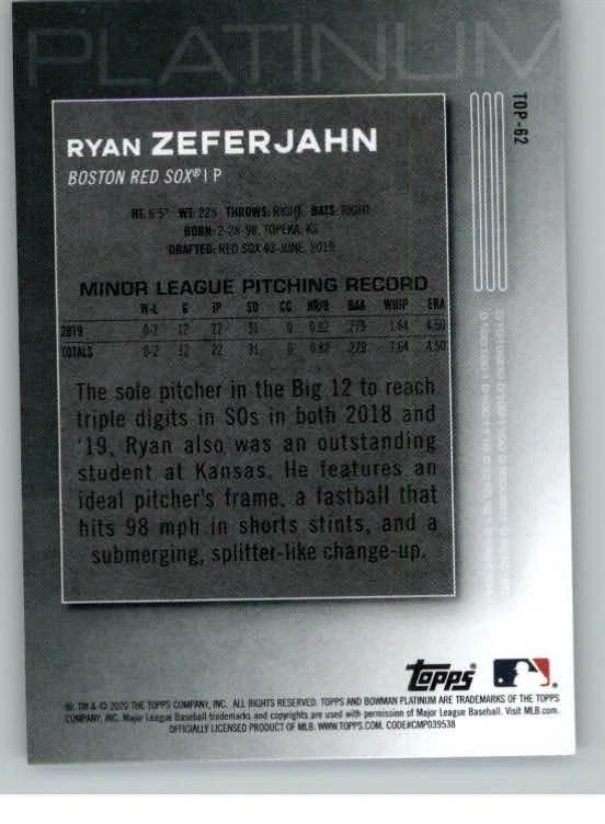 2020 Bowman Platinum Top Prospects #TOP62 Ryan Zeferjahn (ref 129475) - Image 2 of 2