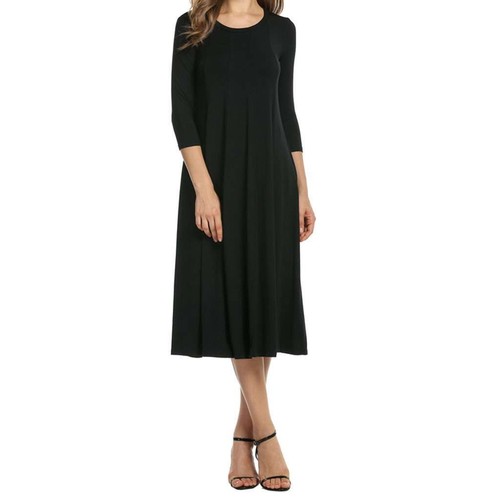 Women Crew Neck Solid Midi Dress Knee Long A Line Skirt 3/4 Sleeve Party Work US - Picture 12 of 18